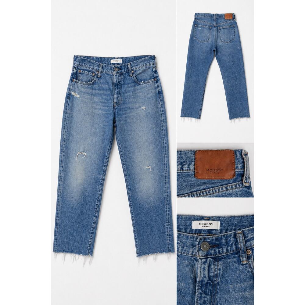 Moussy Vintage Jeans Size 28 Distressed Straight Leg Raw Hem Blue Denim